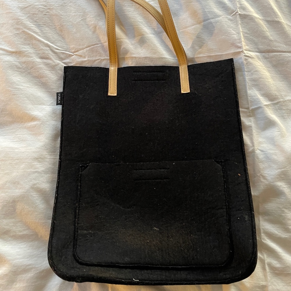 Furla Black Wool Bucket Bag with Tan Leather Straps – European Elegance